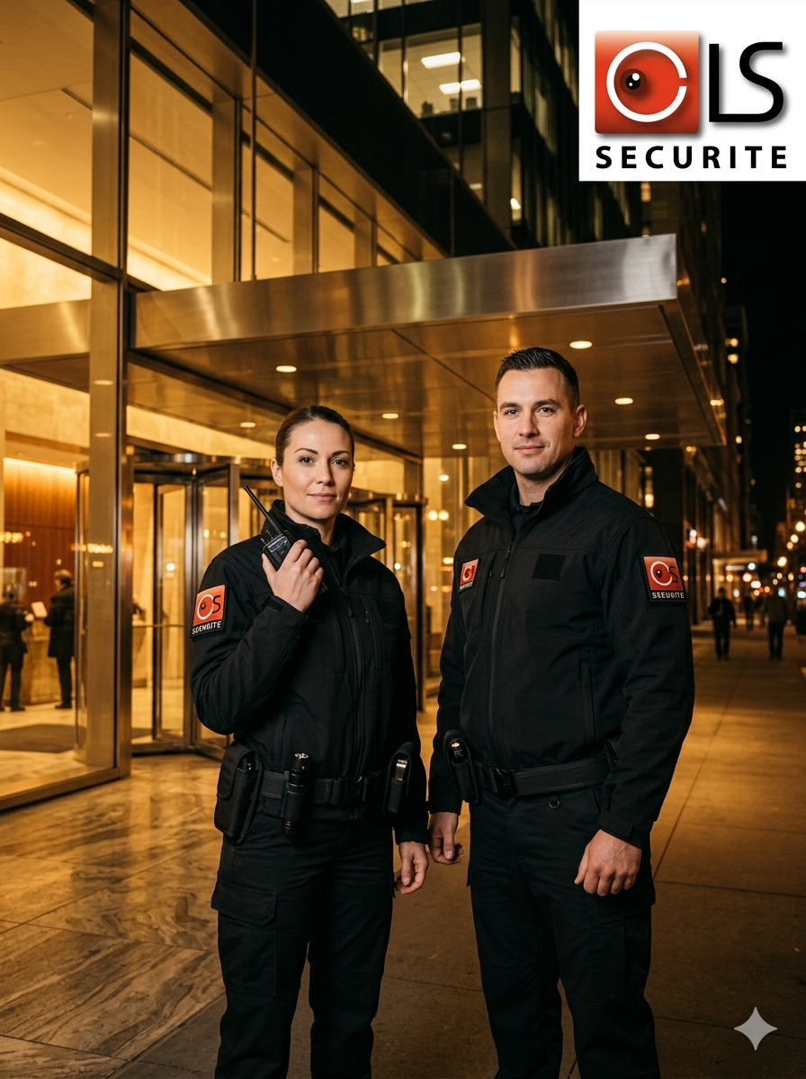 Équipe agents de sécurité CLS Sécurité devant immeuble de nuit Lyon
