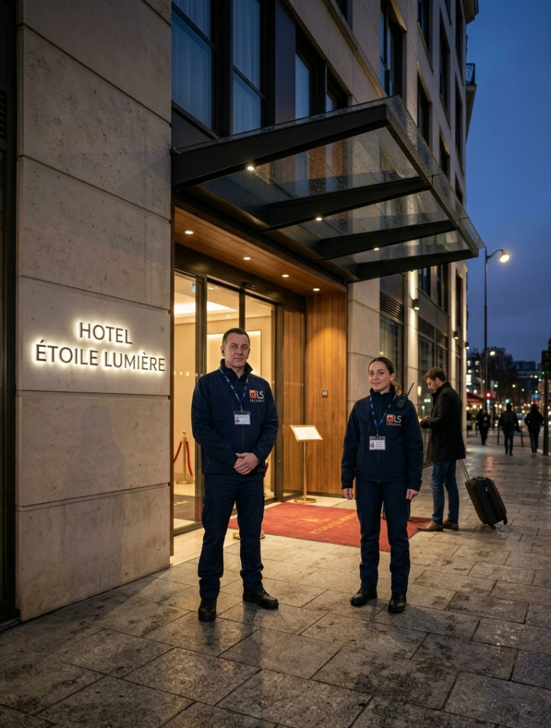 Équipe agents de sécurité CLS Sécurité devant immeuble de nuit Lyon