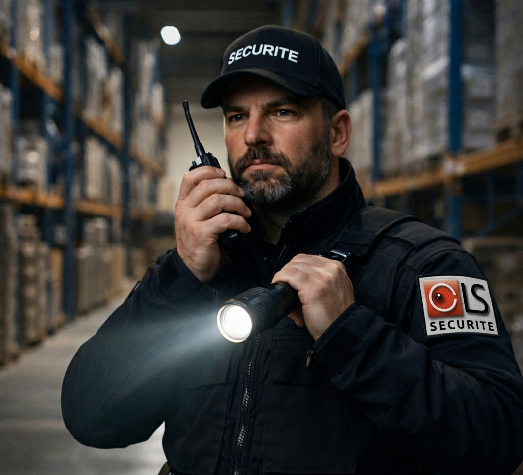 Agent de gardiennage CLS Sécurité en ronde dans un entrepôt à Lyon