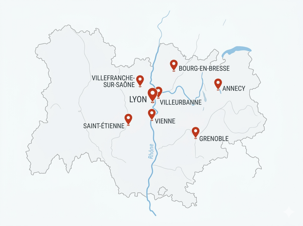 Carte des zones d'intervention CLS Sécurité — gardiennage Lyon, Villeurbanne, Saint-Étienne, Grenoble et Rhône-Alpes