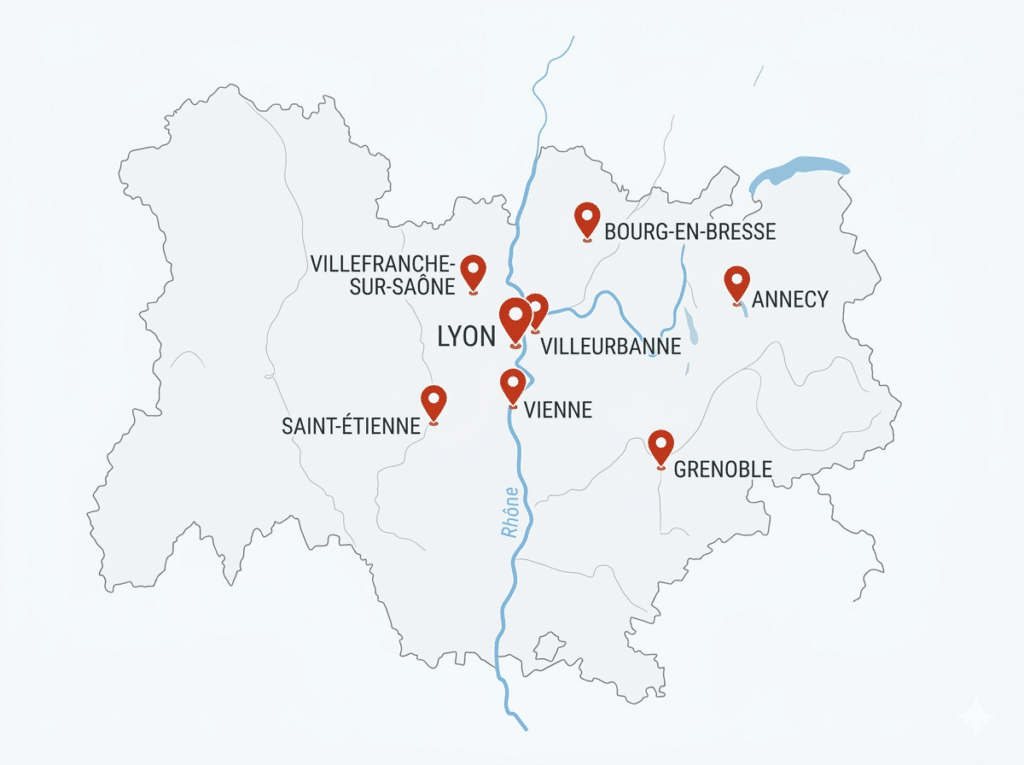 Carte des zones d'intervention de CLS Sécurité en Rhône-Alpes — Lyon, Villeurbanne, Saint-Étienne, Grenoble, Vienne, Villefranche-sur-Saône, Bourg-en-Bresse et Annecy
